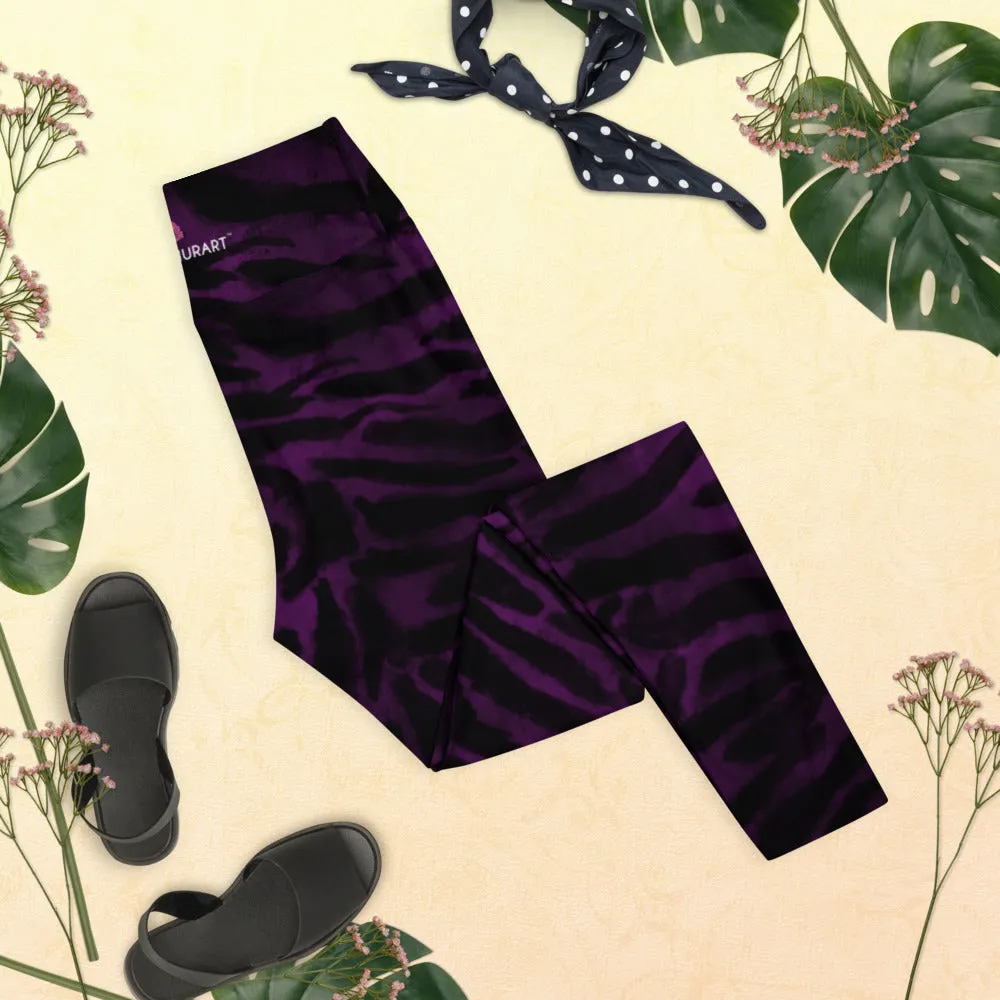 Dark Purple Tiger Tights, Purple Tiger Striped Women's Long Yoga Leggings-Made in USA/EU/MX