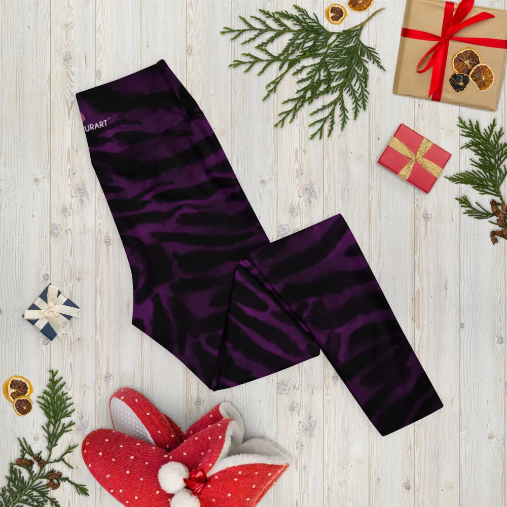 Dark Purple Tiger Tights, Purple Tiger Striped Women's Long Yoga Leggings-Made in USA/EU/MX