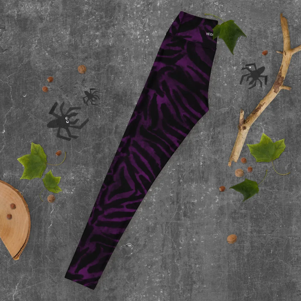 Dark Purple Tiger Tights, Purple Tiger Striped Women's Long Yoga Leggings-Made in USA/EU/MX