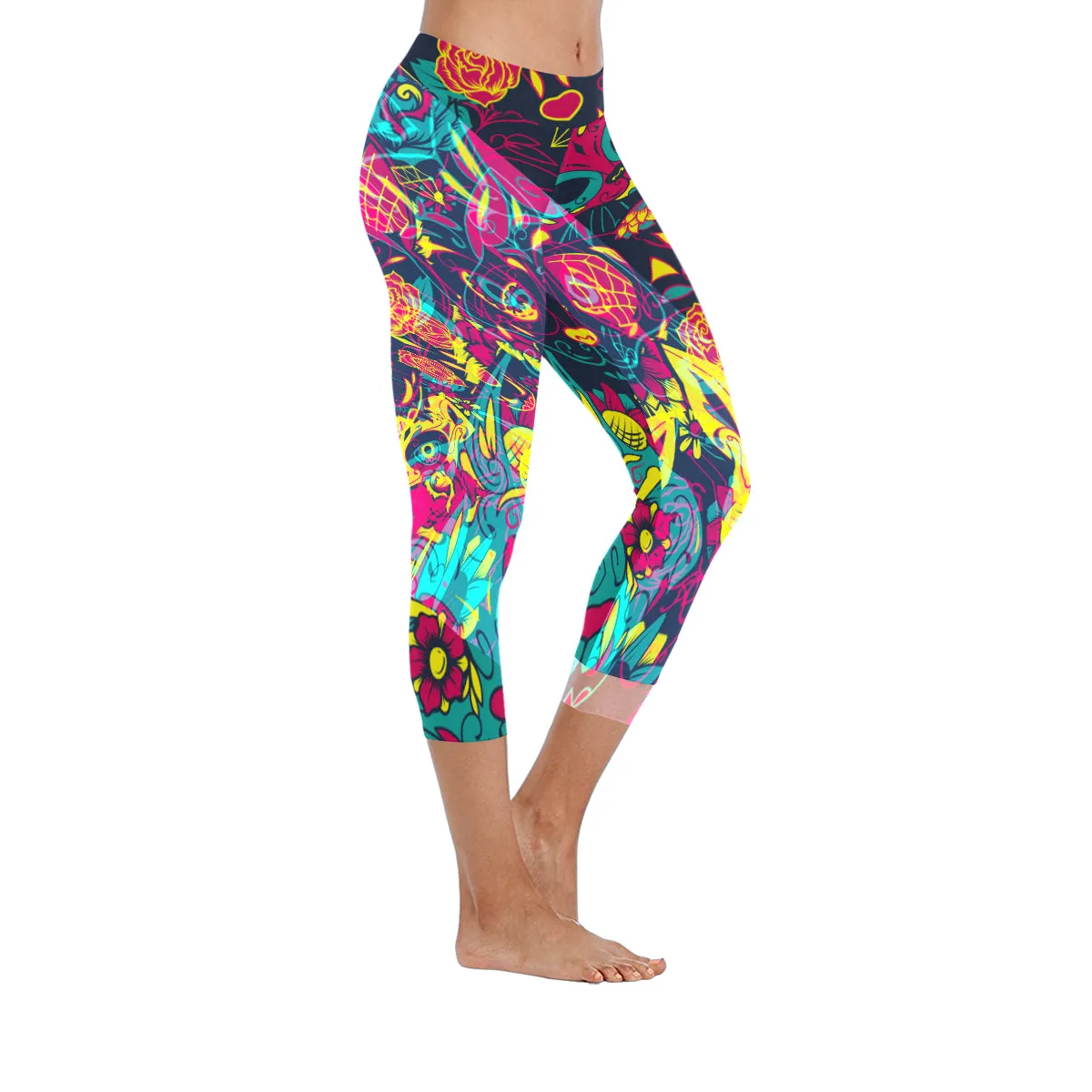 Day of the Dead Colourful Sugar Cat Skull Women's Low Rise Capri Leggings (Invisible Stitch)