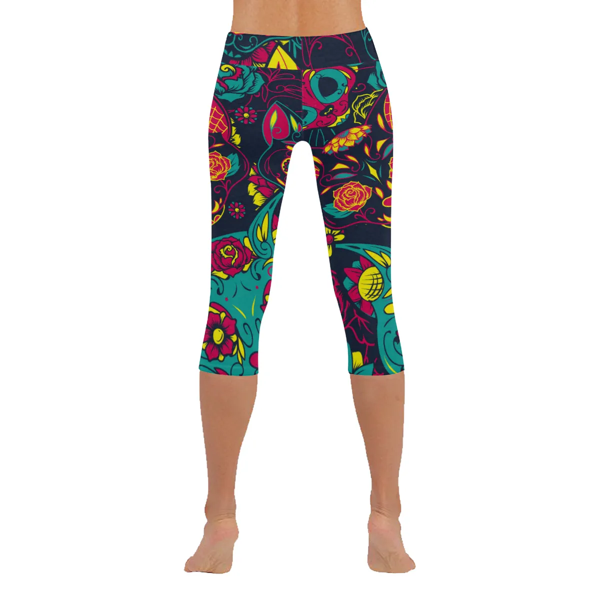 Day of the Dead Colourful Sugar Cat Skull Women's Low Rise Capri Leggings (Invisible Stitch)