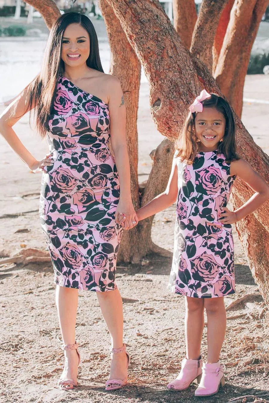 Flirty Girl Pink Black Floral Mommy and Me Dress