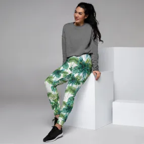 Green Tropical Women's Joggers, White Blue Leaf Print Casual Best Sweatpants-Made in EU