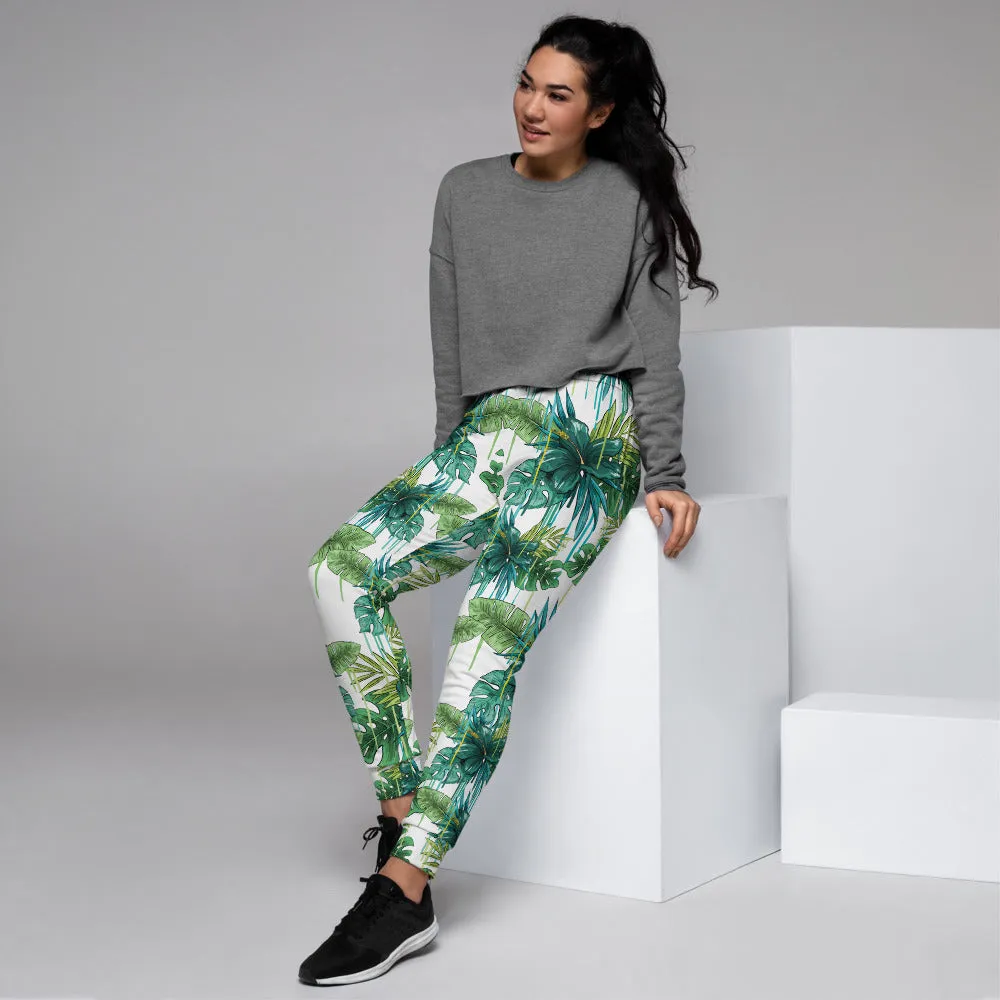 Green Tropical Women's Joggers, White Blue Leaf Print Casual Best Sweatpants-Made in EU