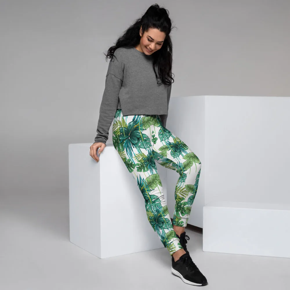 Green Tropical Women's Joggers, White Blue Leaf Print Casual Best Sweatpants-Made in EU