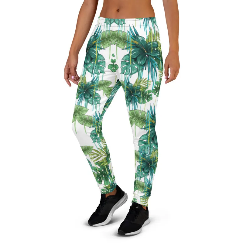 Green Tropical Women's Joggers, White Blue Leaf Print Casual Best Sweatpants-Made in EU