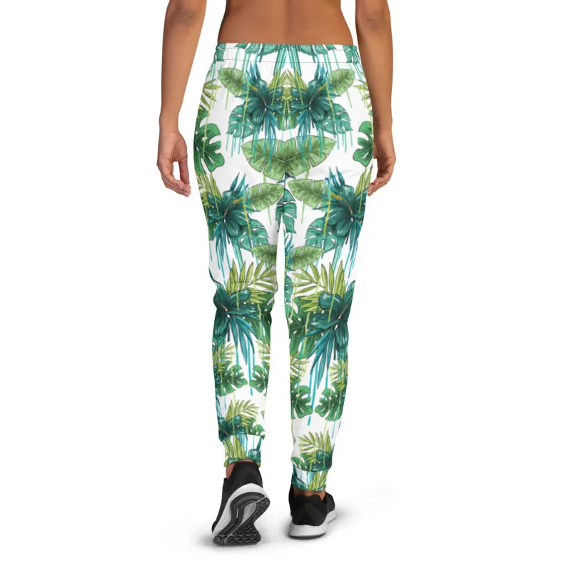 Green Tropical Women's Joggers, White Blue Leaf Print Casual Best Sweatpants-Made in EU