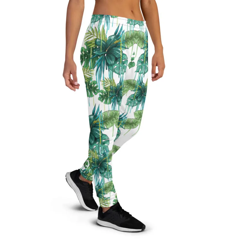 Green Tropical Women's Joggers, White Blue Leaf Print Casual Best Sweatpants-Made in EU