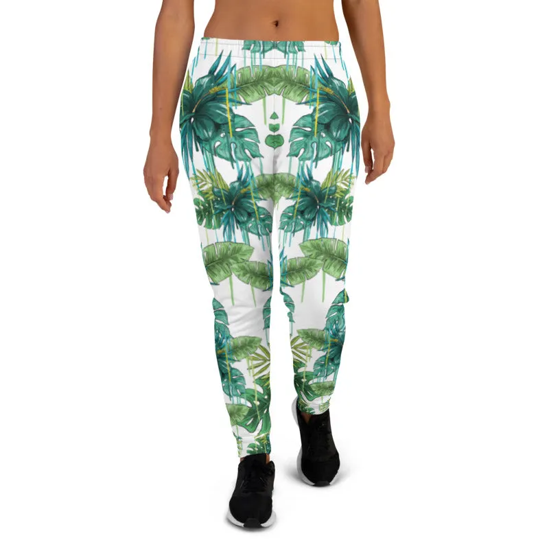 Green Tropical Women's Joggers, White Blue Leaf Print Casual Best Sweatpants-Made in EU