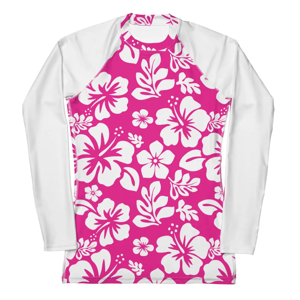 Hot Pink and White Hawaiian Flowers Women's Rash Guard with White Sleeves