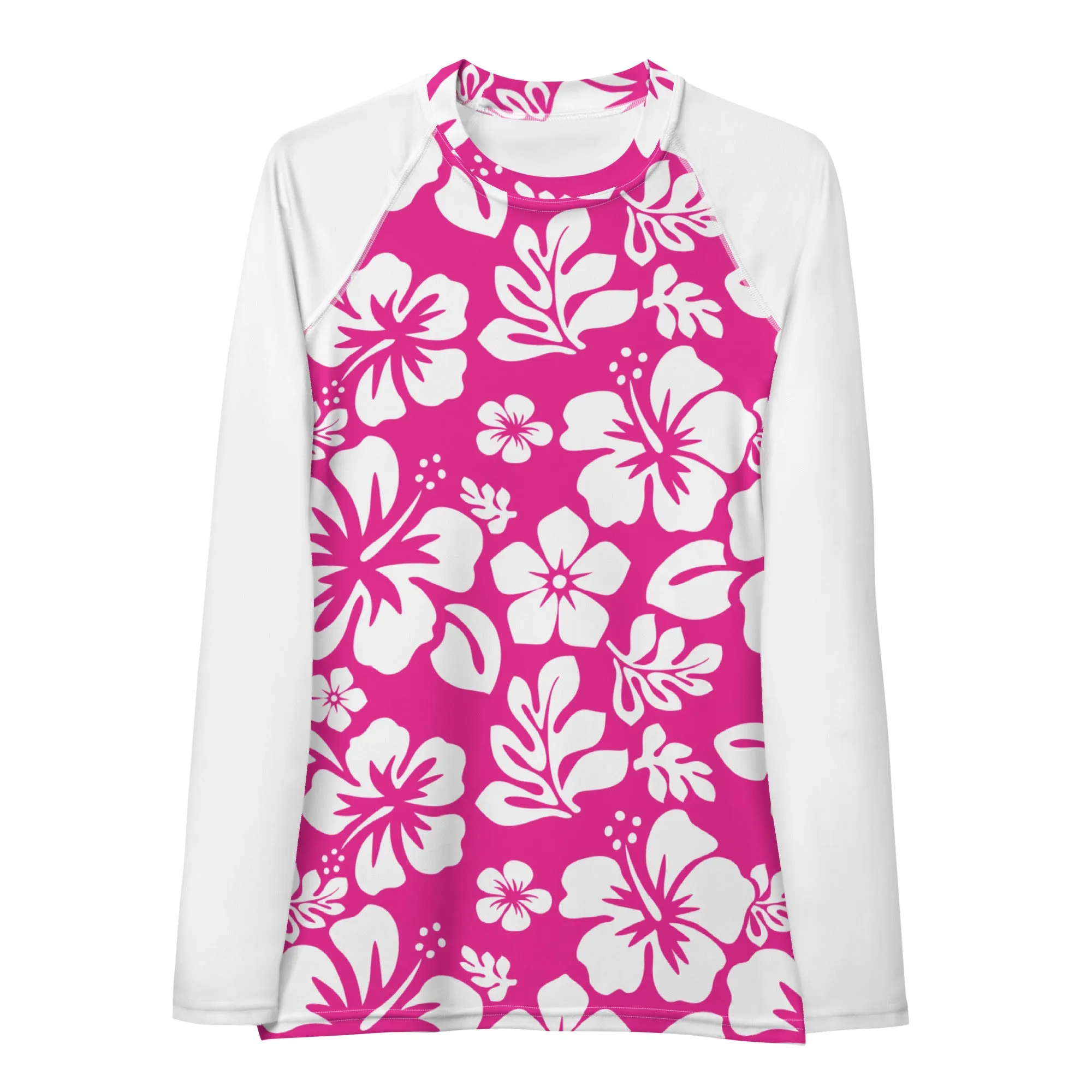 Hot Pink and White Hawaiian Flowers Women's Rash Guard with White Sleeves