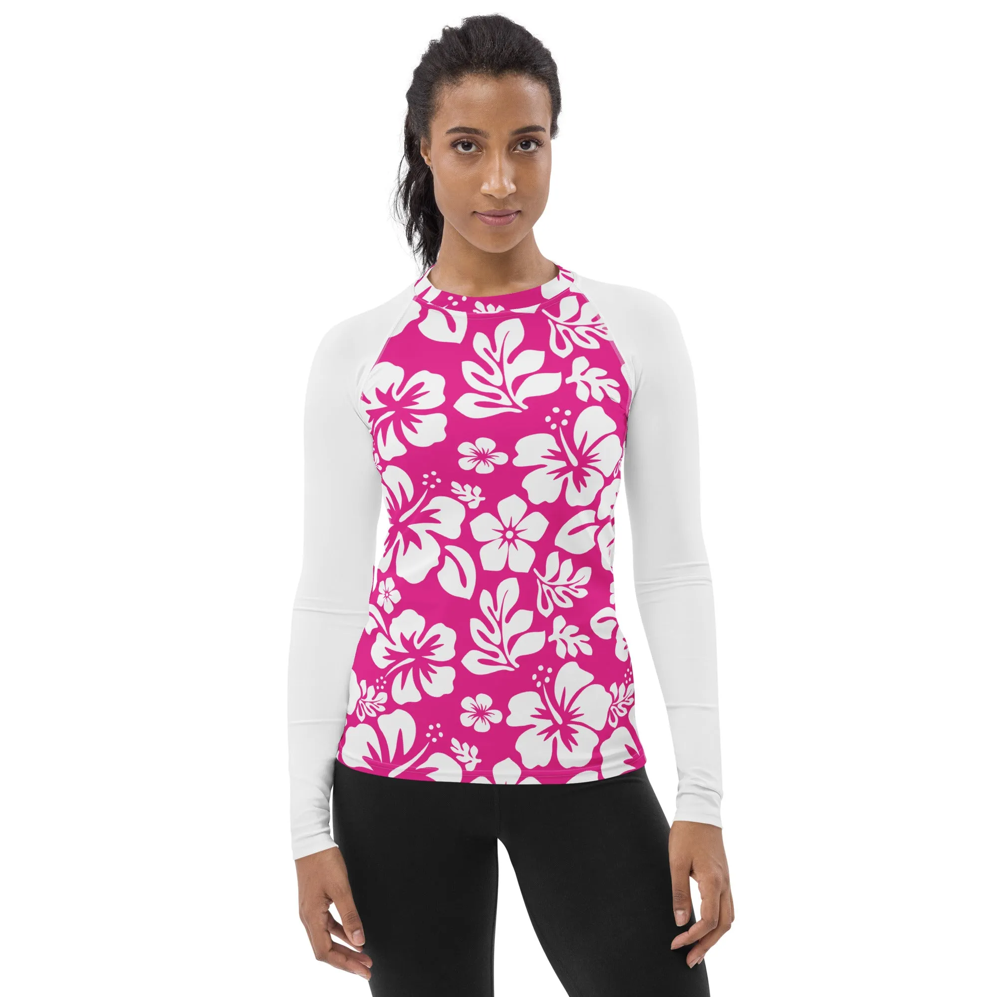 Hot Pink and White Hawaiian Flowers Women's Rash Guard with White Sleeves