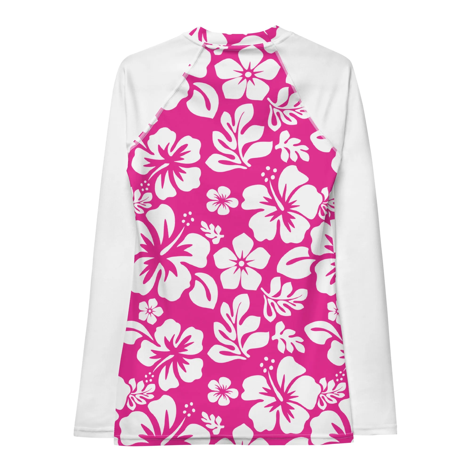 Hot Pink and White Hawaiian Flowers Women's Rash Guard with White Sleeves