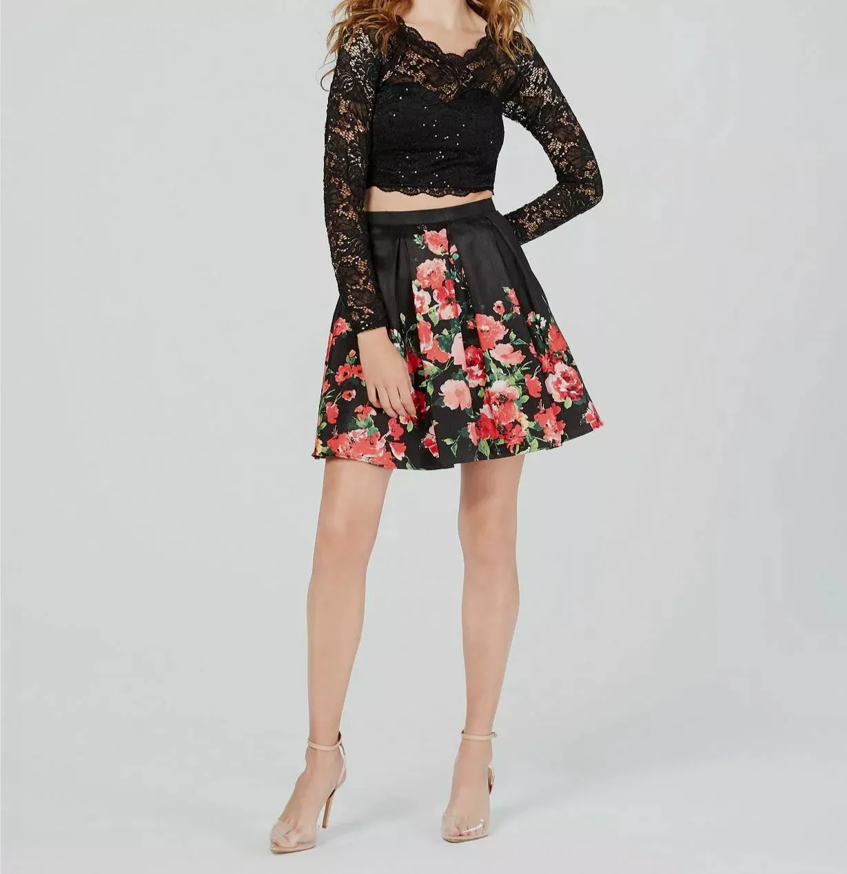 Juniors Sequin Hearts Long Sleeve 2pc. Lace/Floral Mikado Skirt, Size 11/12