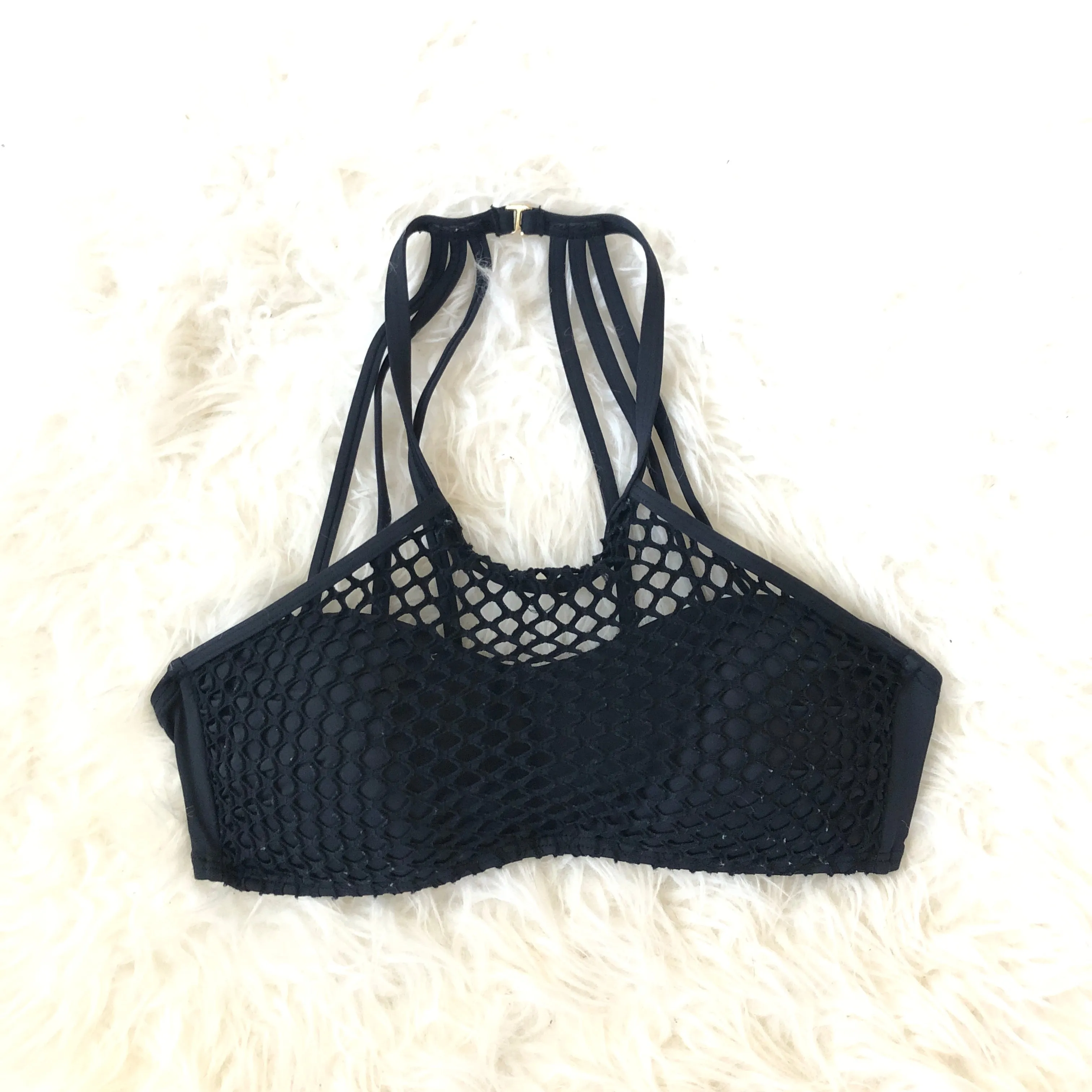 La Blanca Black Fishnet Halter Swimsuit Top with Multi-Strap Back- Size S