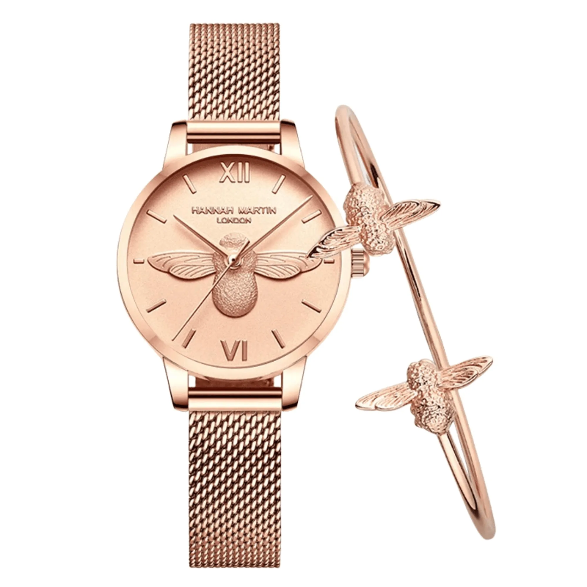 Luxury Women's Watches Rose Gold 31mm Classic Casual Girl Dress Watch Bracelet Set 3D Engraved Bee Dial Clock