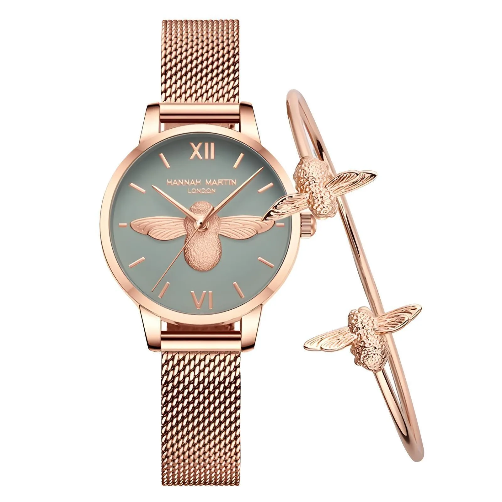 Luxury Women's Watches Rose Gold 31mm Classic Casual Girl Dress Watch Bracelet Set 3D Engraved Bee Dial Clock