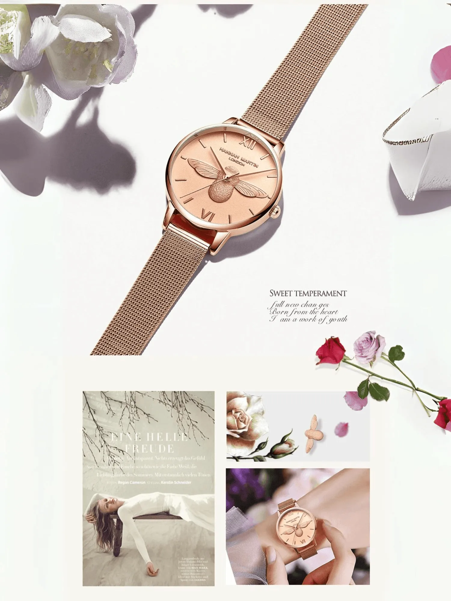 Luxury Women's Watches Rose Gold 31mm Classic Casual Girl Dress Watch Bracelet Set 3D Engraved Bee Dial Clock