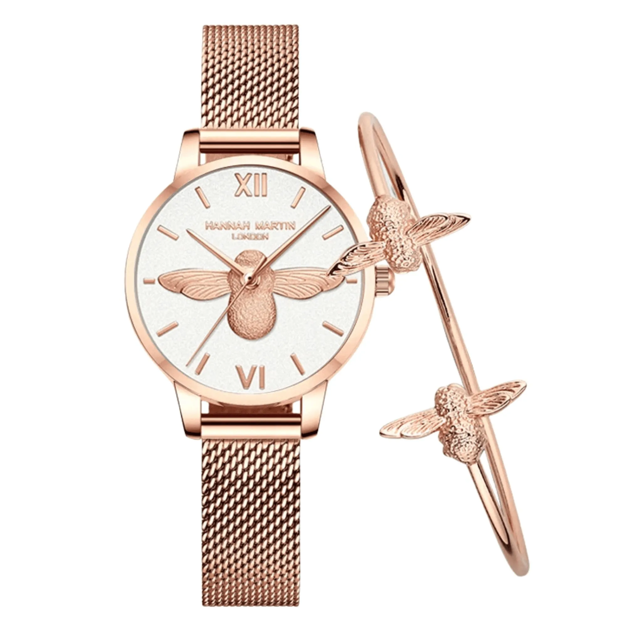 Luxury Women's Watches Rose Gold 31mm Classic Casual Girl Dress Watch Bracelet Set 3D Engraved Bee Dial Clock