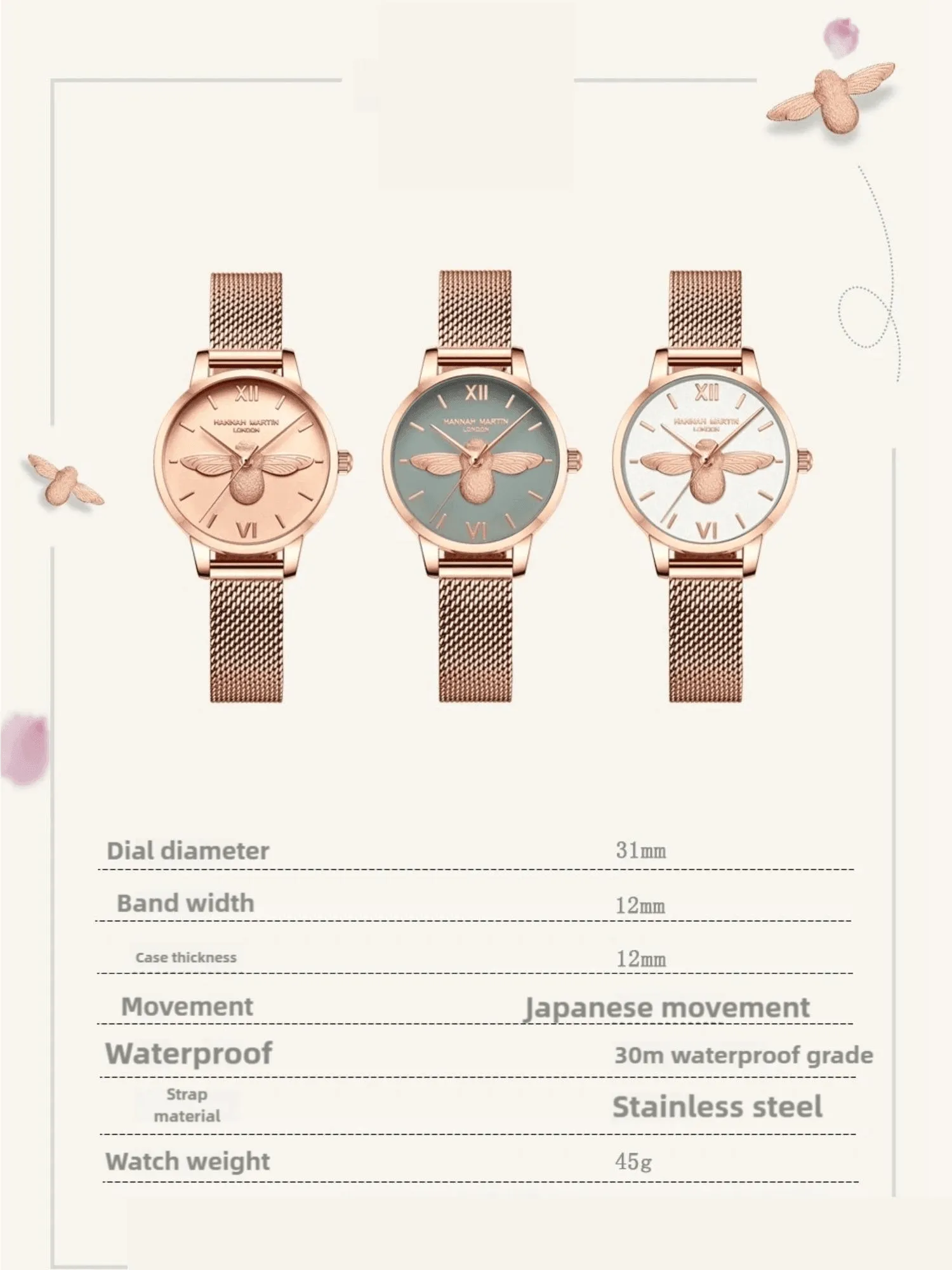 Luxury Women's Watches Rose Gold 31mm Classic Casual Girl Dress Watch Bracelet Set 3D Engraved Bee Dial Clock