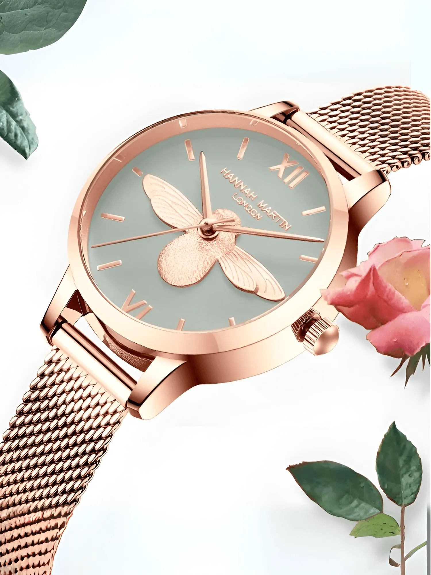 Luxury Women's Watches Rose Gold 31mm Classic Casual Girl Dress Watch Bracelet Set 3D Engraved Bee Dial Clock