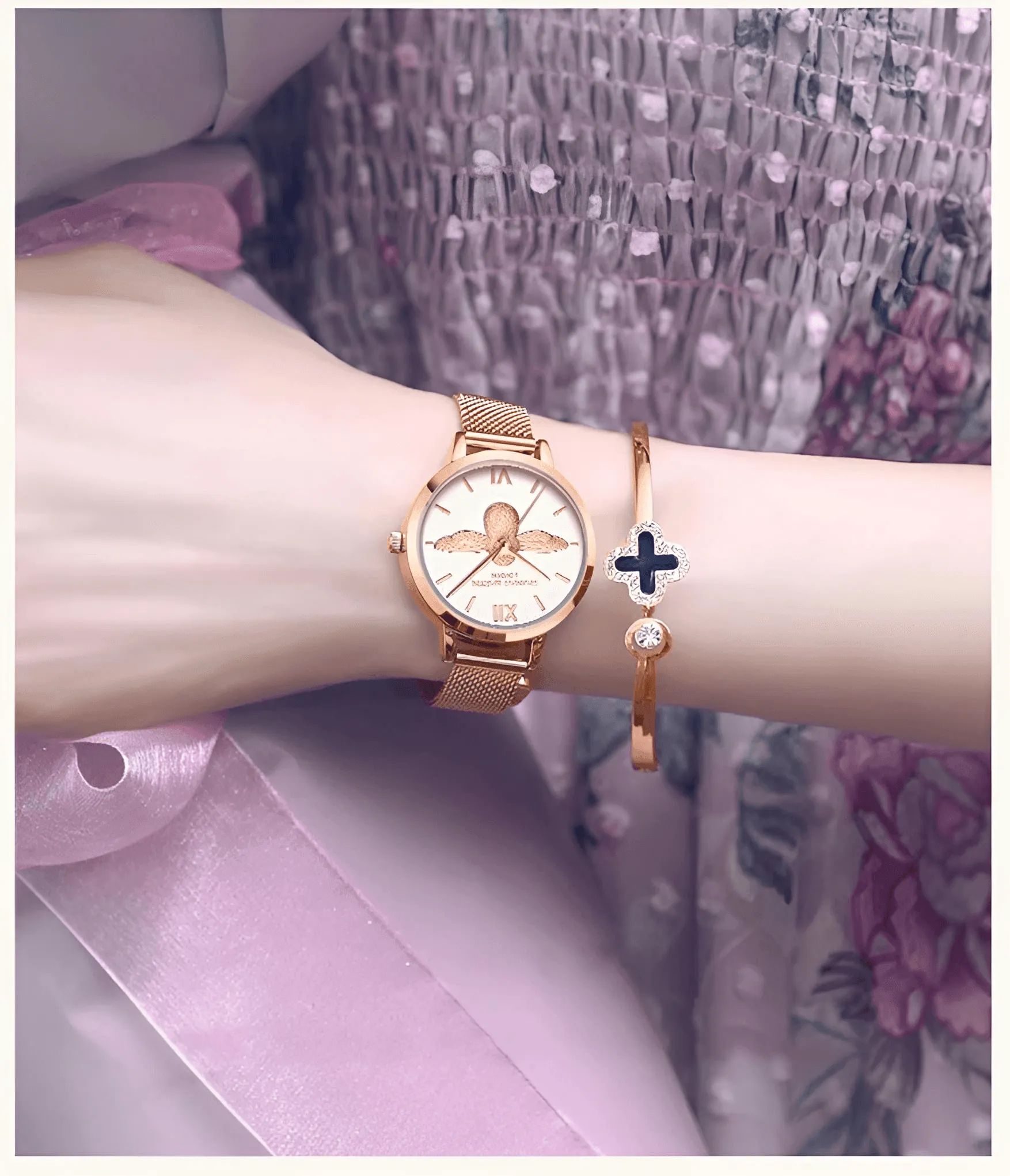 Luxury Women's Watches Rose Gold 31mm Classic Casual Girl Dress Watch Bracelet Set 3D Engraved Bee Dial Clock