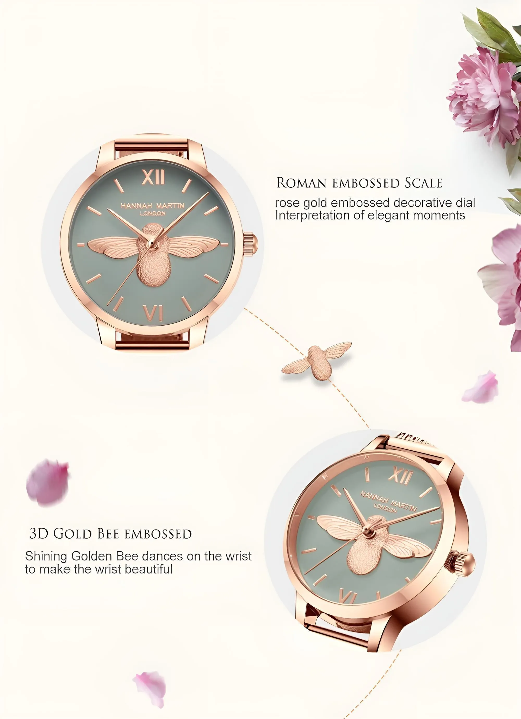 Luxury Women's Watches Rose Gold 31mm Classic Casual Girl Dress Watch Bracelet Set 3D Engraved Bee Dial Clock