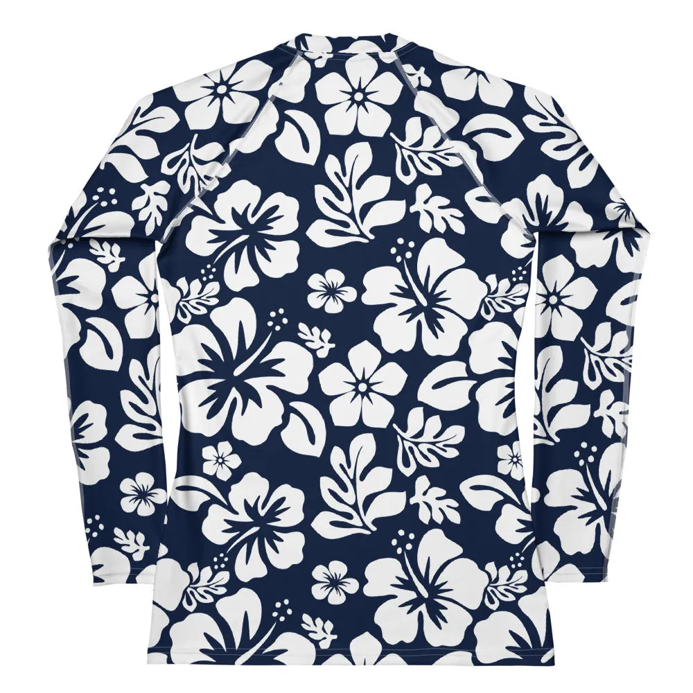 Navy Blue and White Hawaiian Flowers Women's Rash Guard