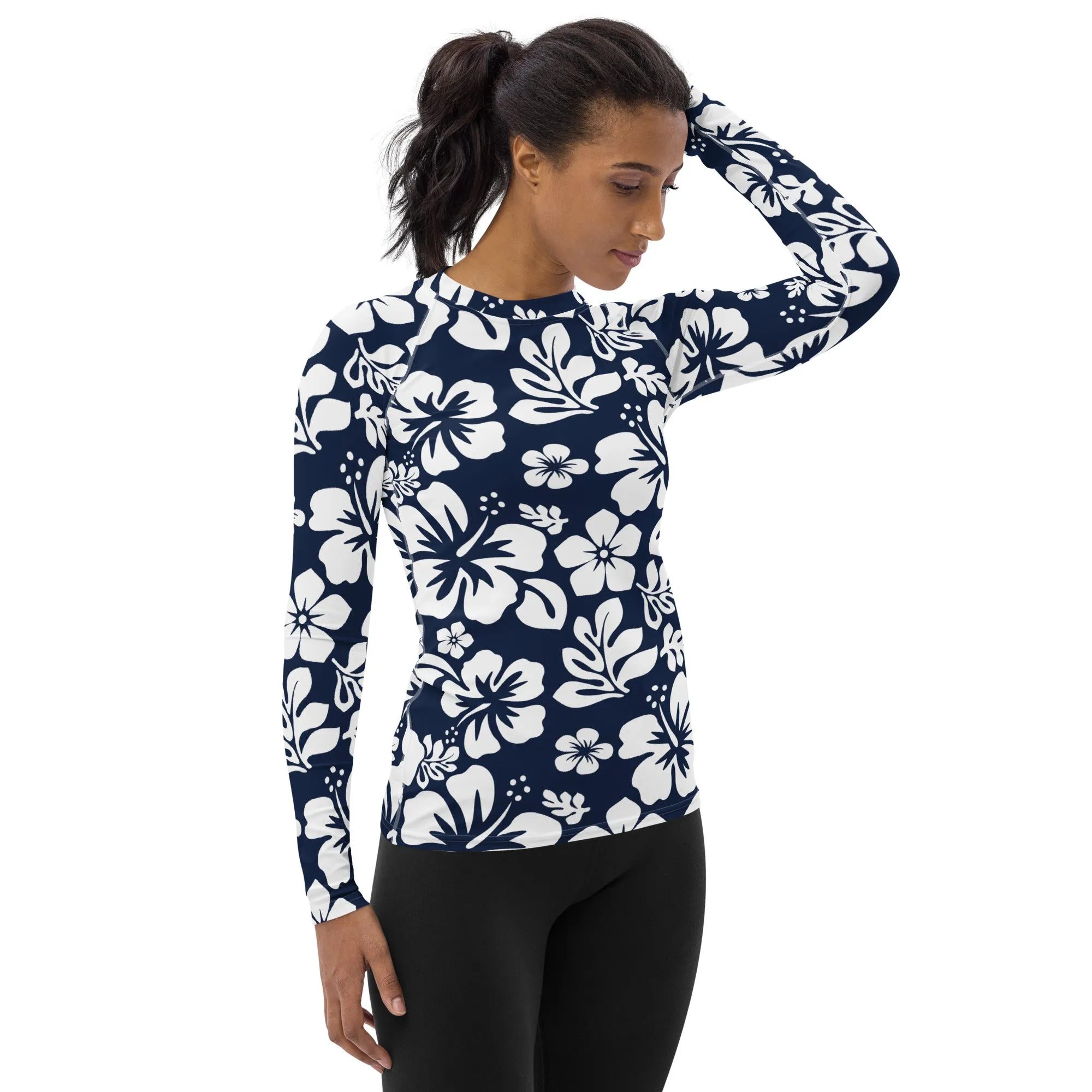 Navy Blue and White Hawaiian Flowers Women's Rash Guard