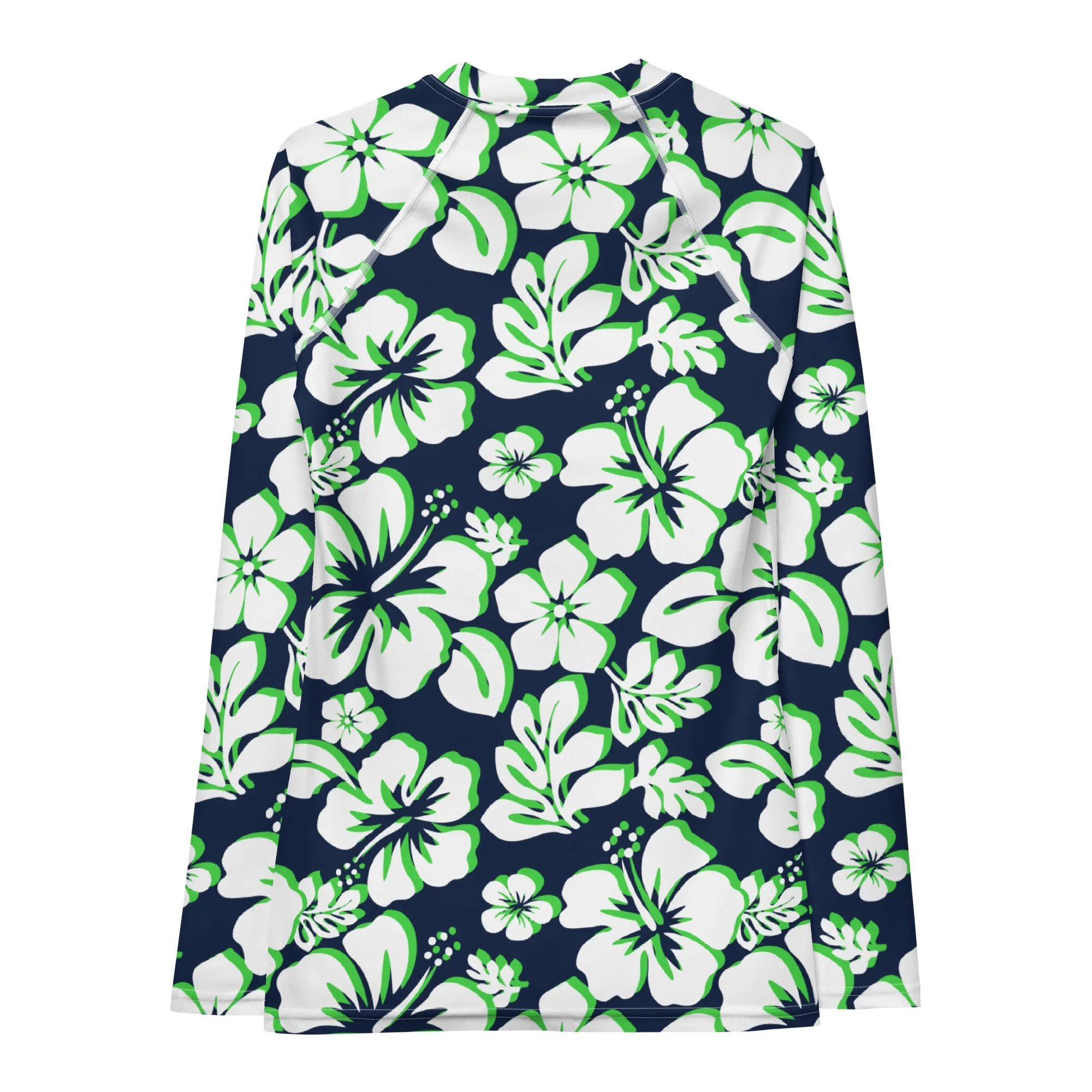 Navy Blue, Lime Green and White Hawaiian Print Women's Rash Guard