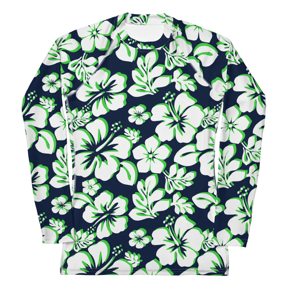 Navy Blue, Lime Green and White Hawaiian Print Women's Rash Guard