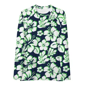 Navy Blue, Lime Green and White Hawaiian Print Women's Rash Guard