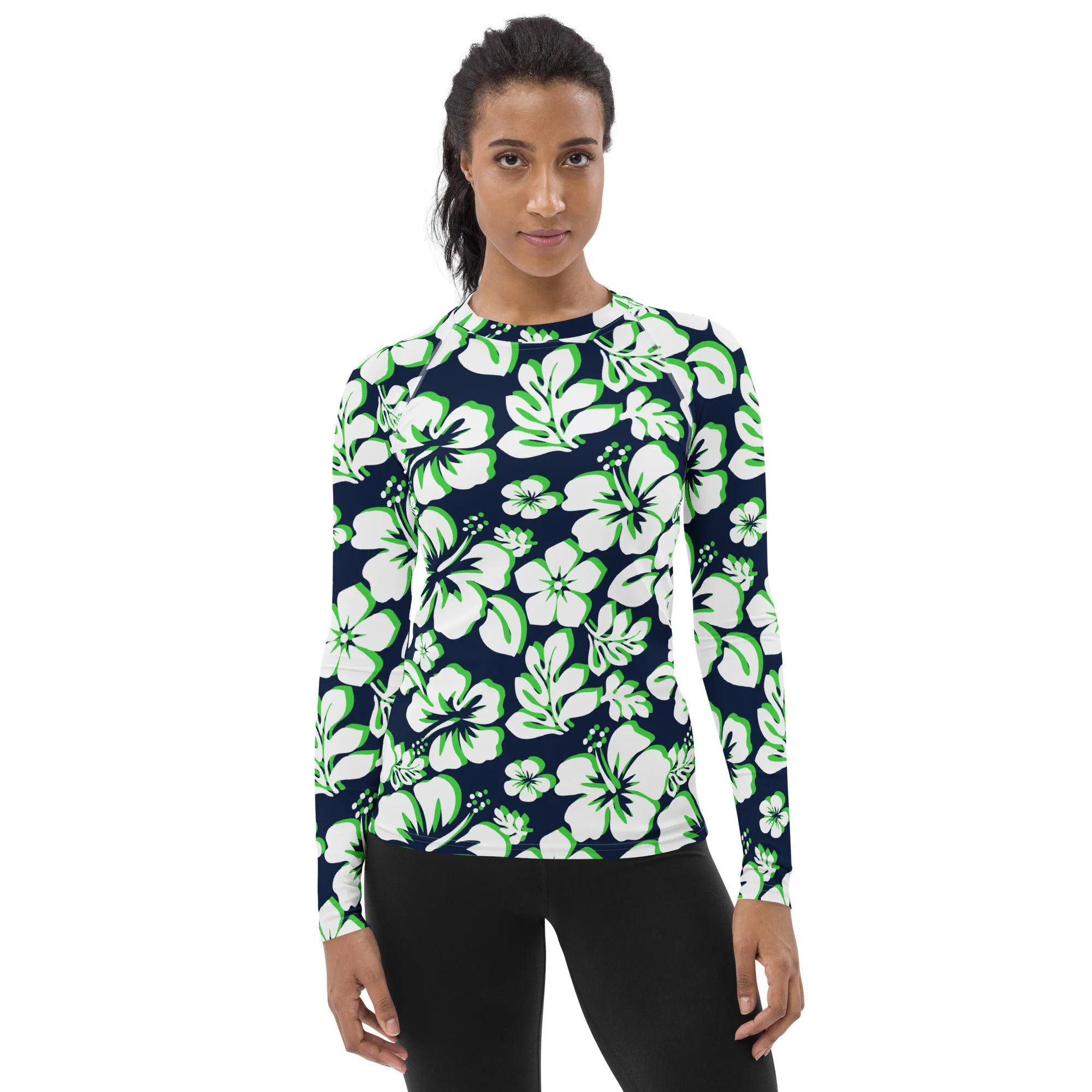 Navy Blue, Lime Green and White Hawaiian Print Women's Rash Guard