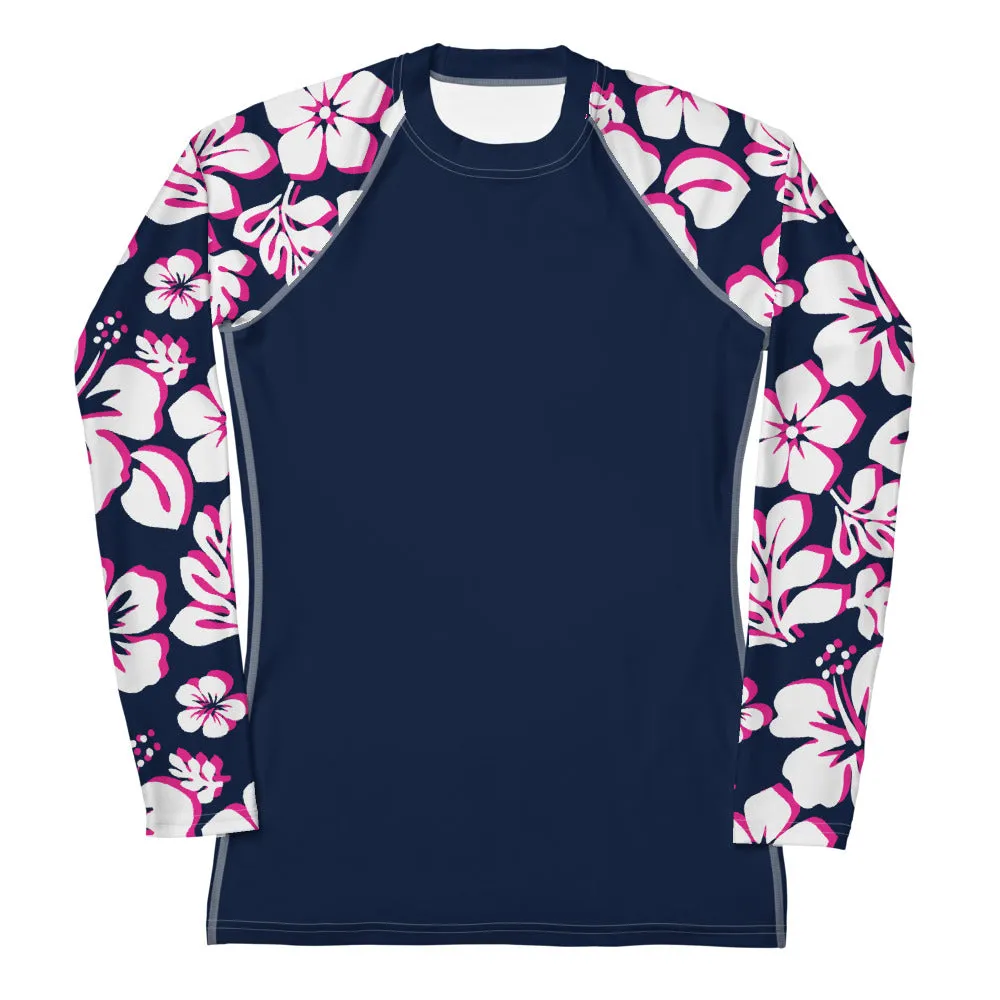 Navy Blue Women's Rash Guard with Navy Blue, Hot Pink and White Hawaiian Print Sleeves