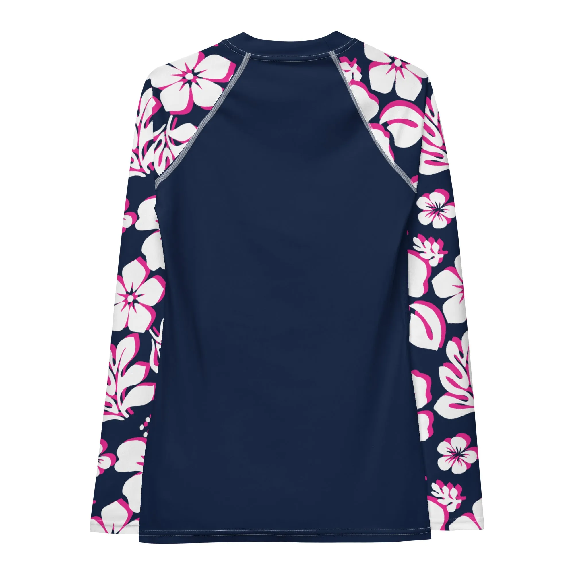 Navy Blue Women's Rash Guard with Navy Blue, Hot Pink and White Hawaiian Print Sleeves