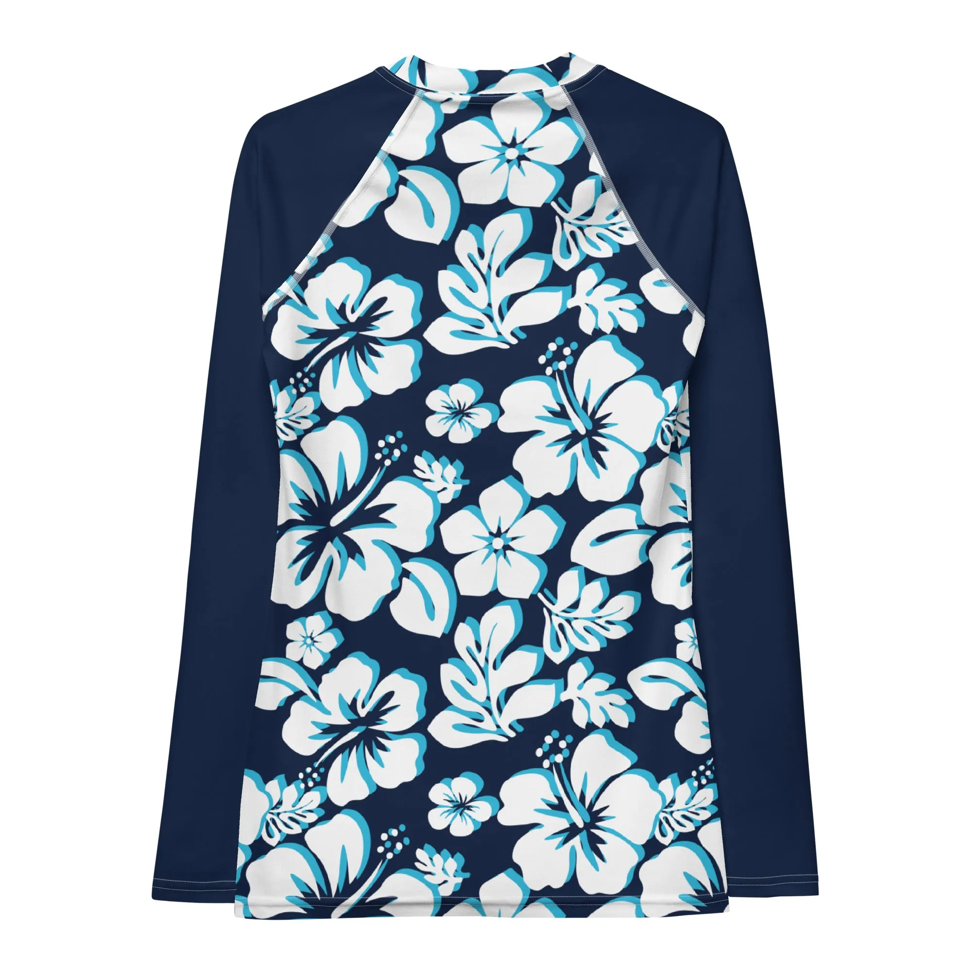 Ocean Blues Hawaiian Flowers Women's Rash Guard with Navy Blue Sleeves