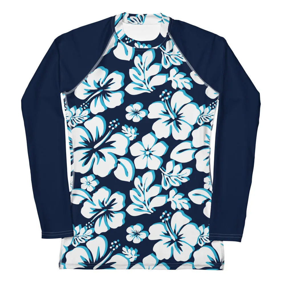 Ocean Blues Hawaiian Flowers Women's Rash Guard with Navy Blue Sleeves