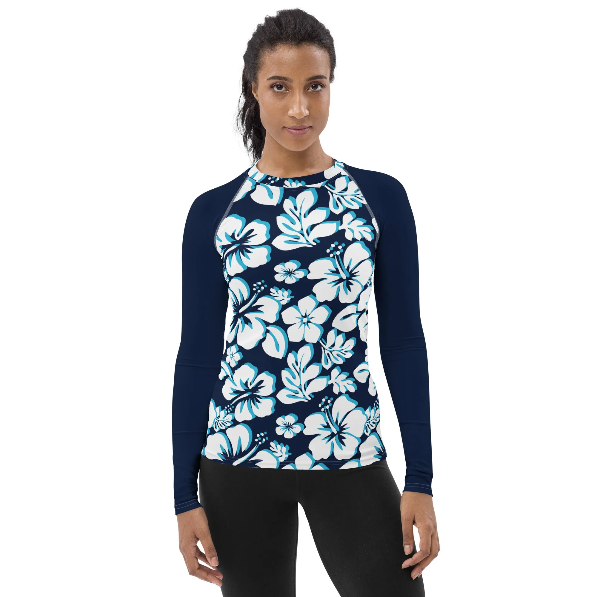 Ocean Blues Hawaiian Flowers Women's Rash Guard with Navy Blue Sleeves