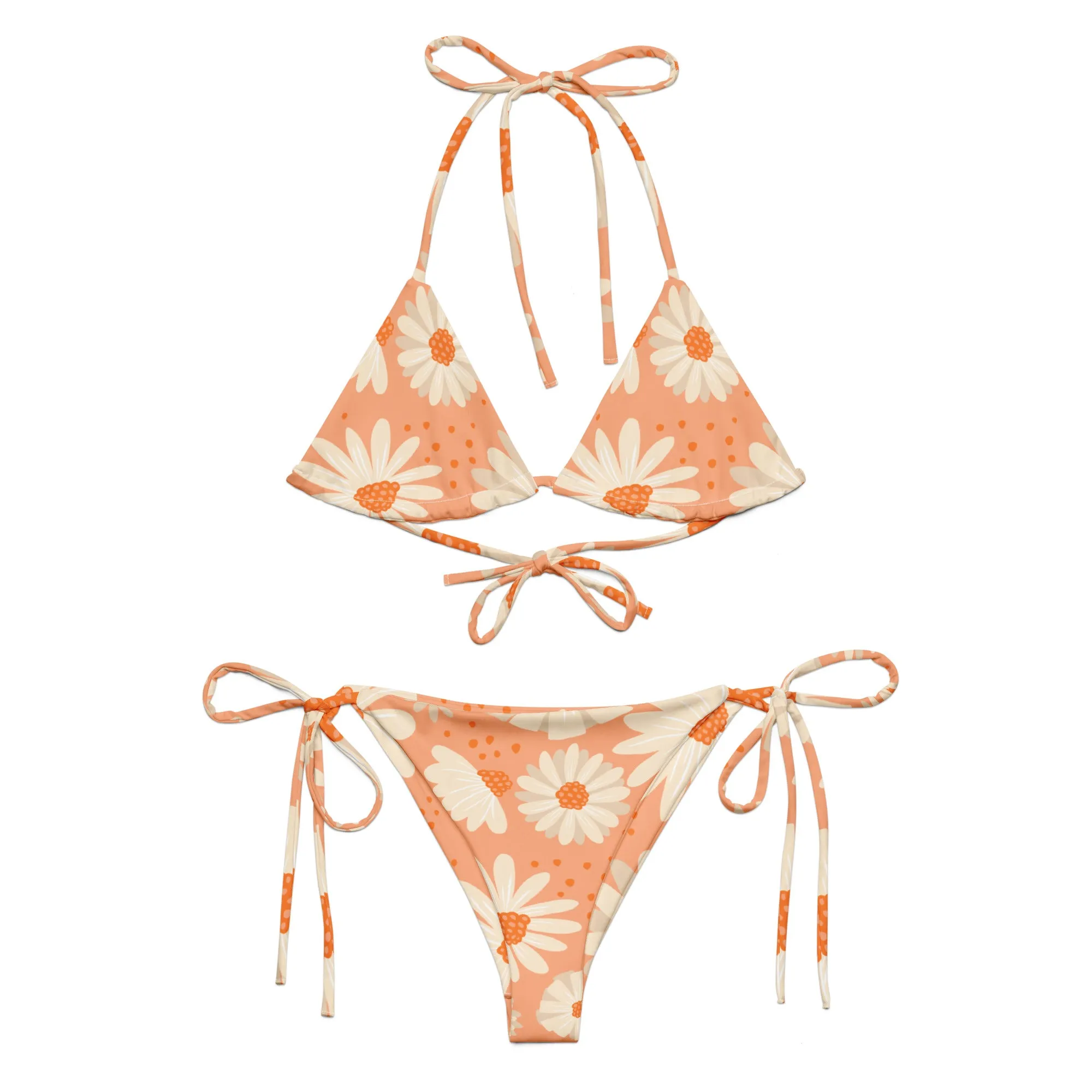 Peach with Daisies Pattern String Bikini by Dumbbells and Hotels