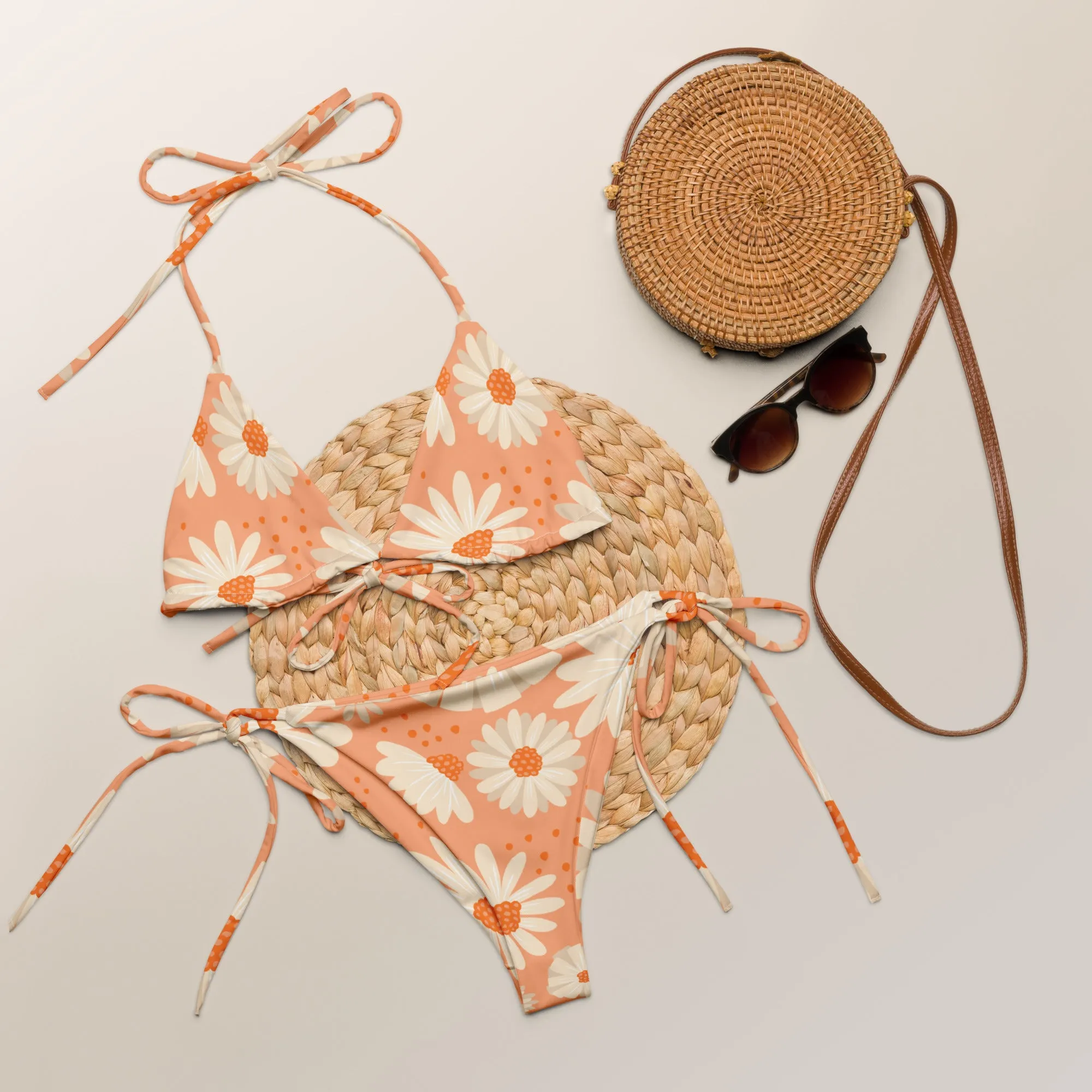 Peach with Daisies Pattern String Bikini by Dumbbells and Hotels