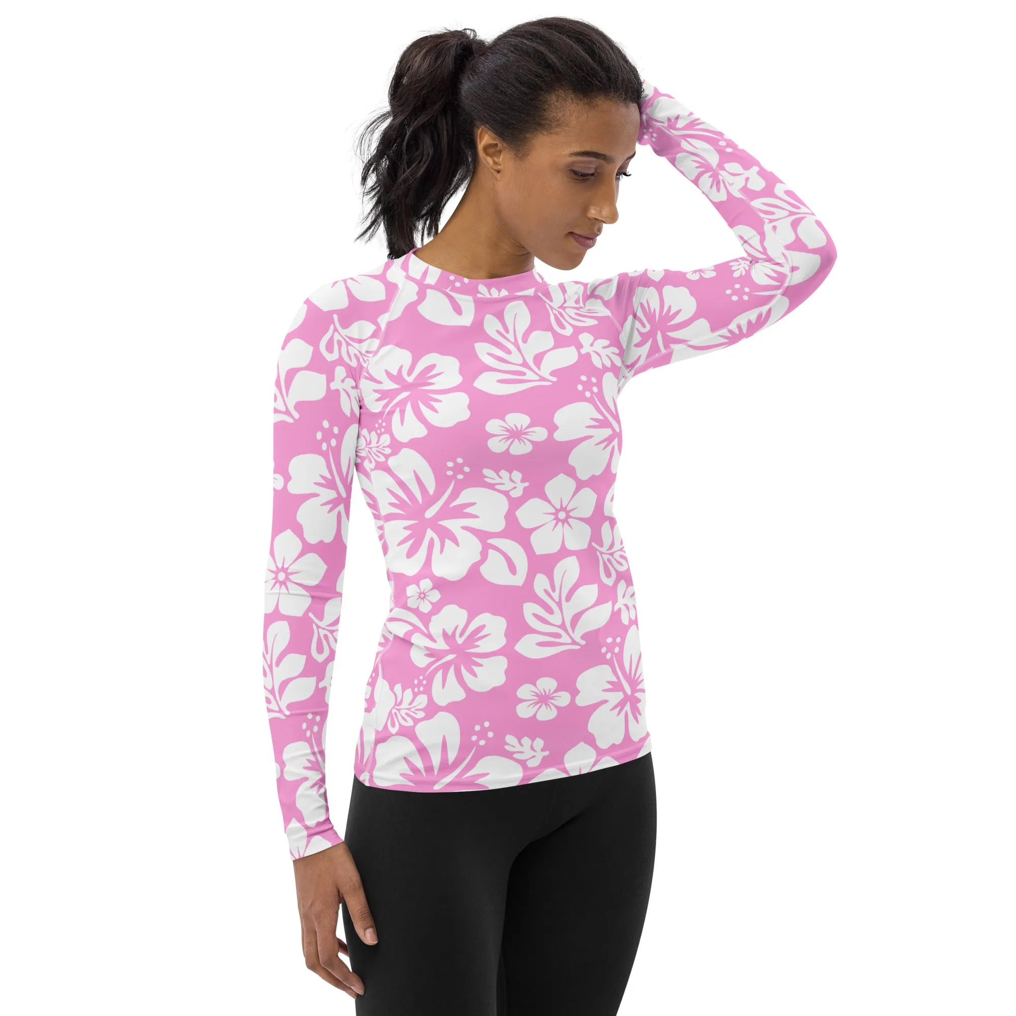 Pink and White Hawaiian Print Women's Rash Guard