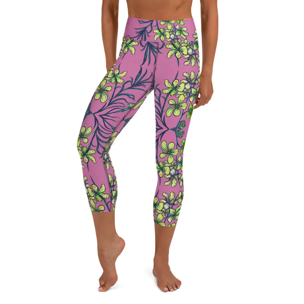 Pink Orchids Yoga Capri Leggings, Girlie Floral Print Womens' Capri Tights-Made in USA/EU