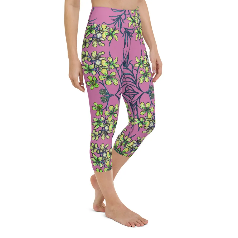 Pink Orchids Yoga Capri Leggings, Girlie Floral Print Womens' Capri Tights-Made in USA/EU