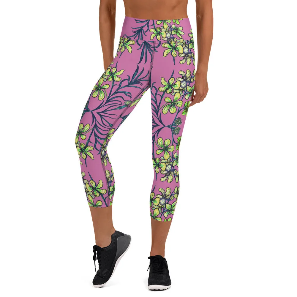 Pink Orchids Yoga Capri Leggings, Girlie Floral Print Womens' Capri Tights-Made in USA/EU