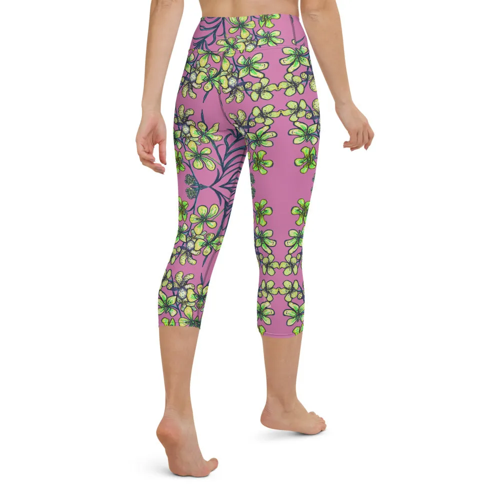 Pink Orchids Yoga Capri Leggings, Girlie Floral Print Womens' Capri Tights-Made in USA/EU