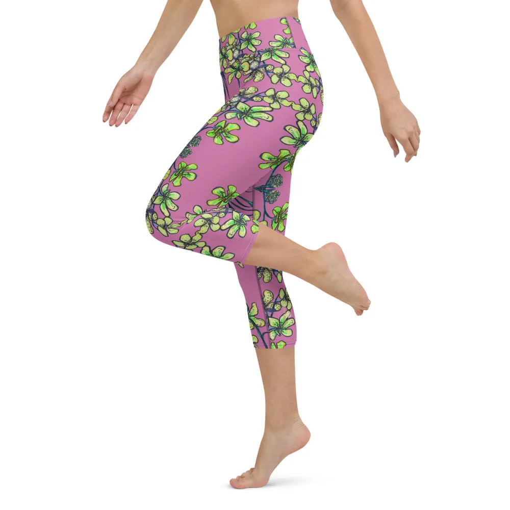 Pink Orchids Yoga Capri Leggings, Girlie Floral Print Womens' Capri Tights-Made in USA/EU