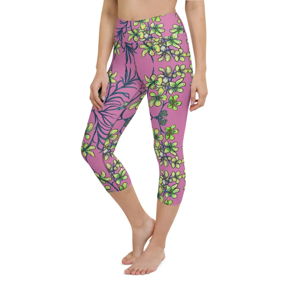 Pink Orchids Yoga Capri Leggings, Girlie Floral Print Womens' Capri Tights-Made in USA/EU