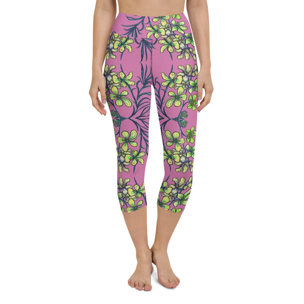 Pink Orchids Yoga Capri Leggings, Girlie Floral Print Womens' Capri Tights-Made in USA/EU