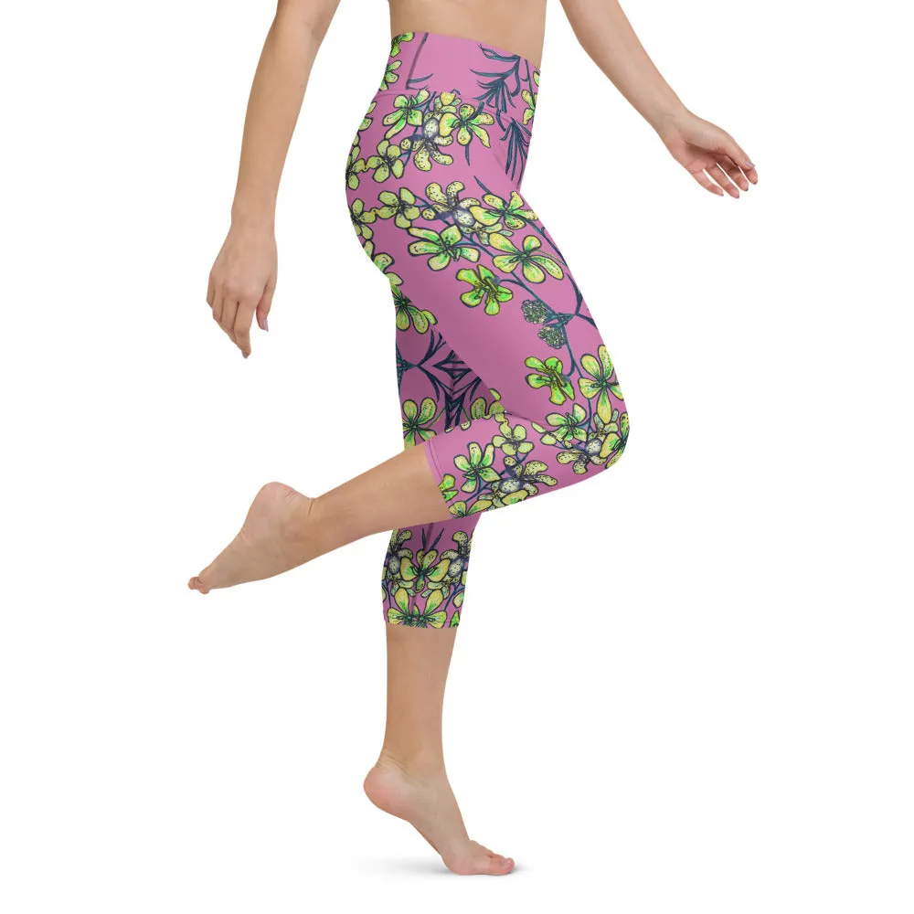 Pink Orchids Yoga Capri Leggings, Girlie Floral Print Womens' Capri Tights-Made in USA/EU