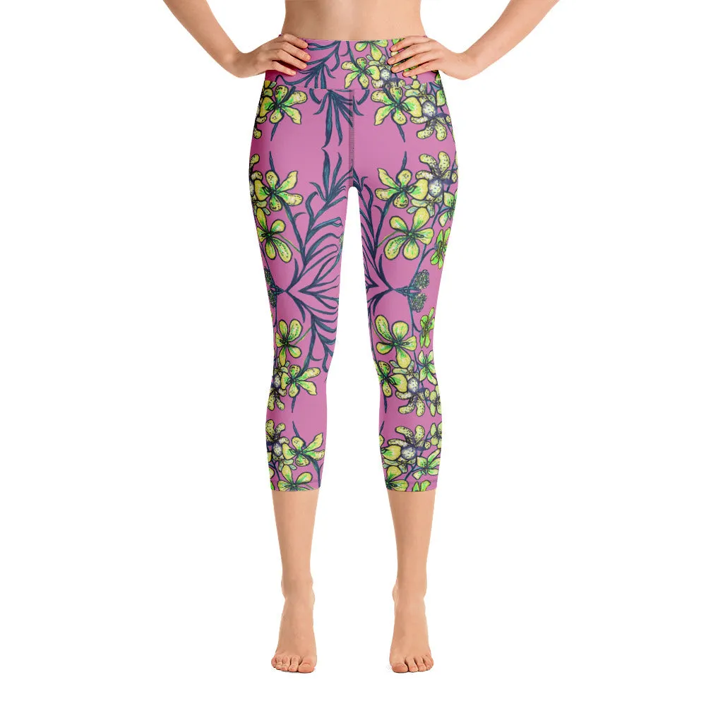 Pink Orchids Yoga Capri Leggings, Girlie Floral Print Womens' Capri Tights-Made in USA/EU